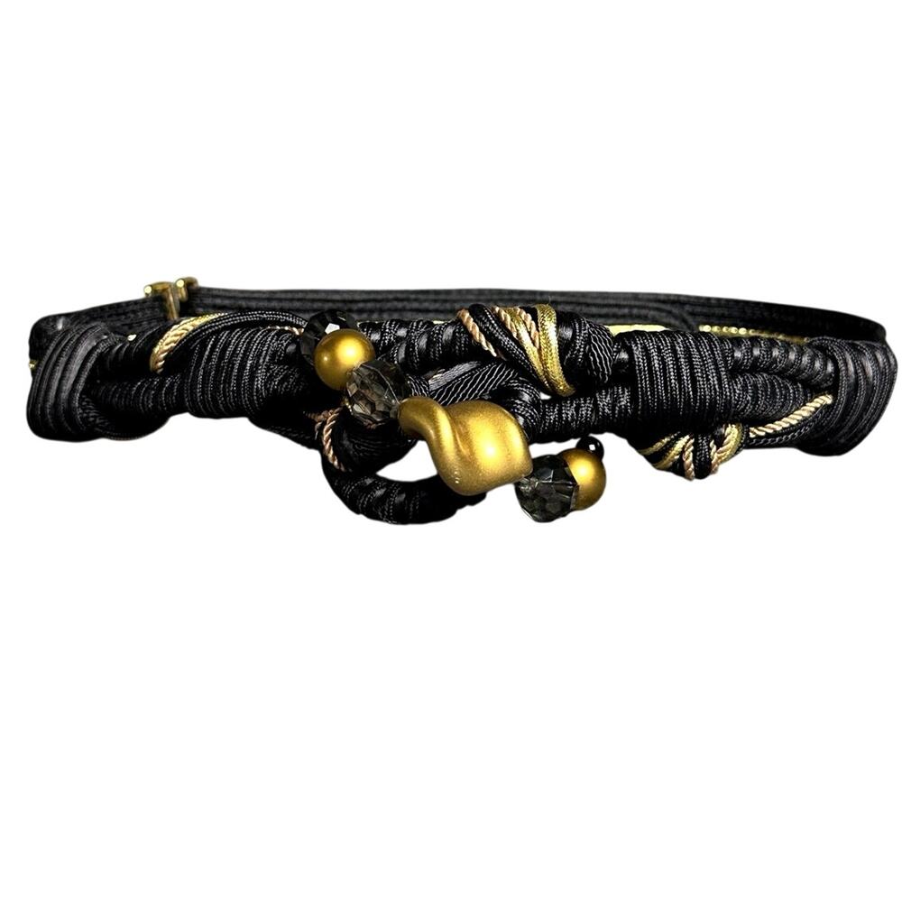 Vintage artsy beaded braided belt MED adjustable black gold hook loop closure
